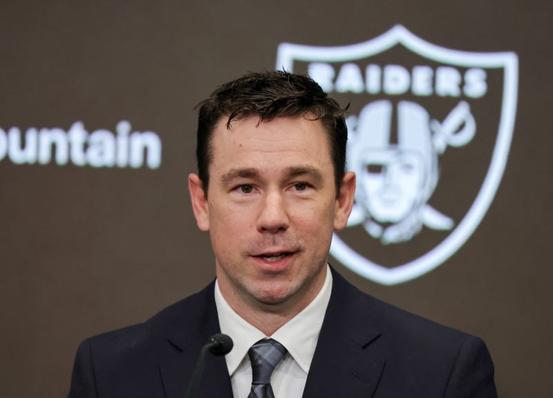 Klint Kubiak speaks as he is introduced as the head coach of the Las Vegas Raiders during a news conference at the Las Vegas Raiders Headquarters/Intermountain Health Performance Center on February 10, 2026 in Henderson, Nevada.