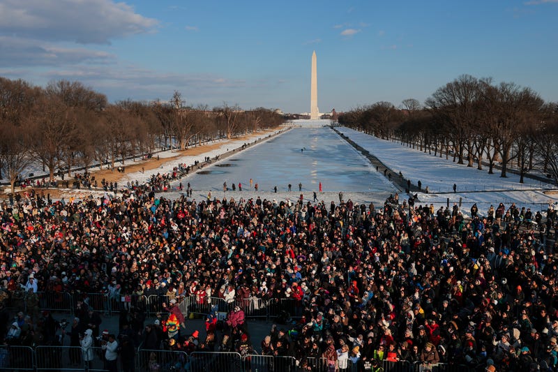 Thousands gather with Buddhist monks at the Lincoln Memorial on day 109 of the monks' March for Peace on February 11, 2026 in Washington, DC. A group of 18 monks began a 2,300-mile march on October 26 in Fort Worth, Texas, to raise awareness of “peace, loving kindness and compassion” in the United States and the world and arrived in the nation's capital yesterday.