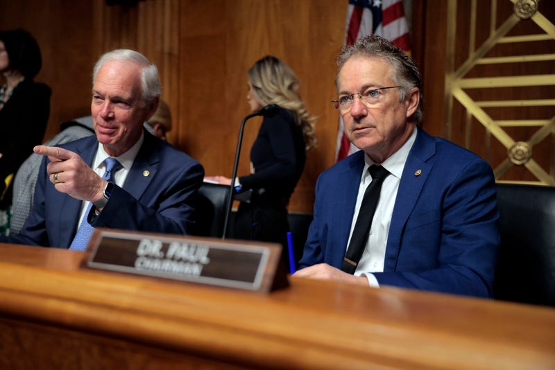 Chairman of the Senate Homeland Security and Governmental Affairs Sen. Rand Paul (R-KY) (R) and Sen. Ron Johnson (R-WI) arrive for a hearing on oversight of the Department of Homeland Security in Dirksen Senate Office Building on February 12, 2026 in Washington, DC. 
