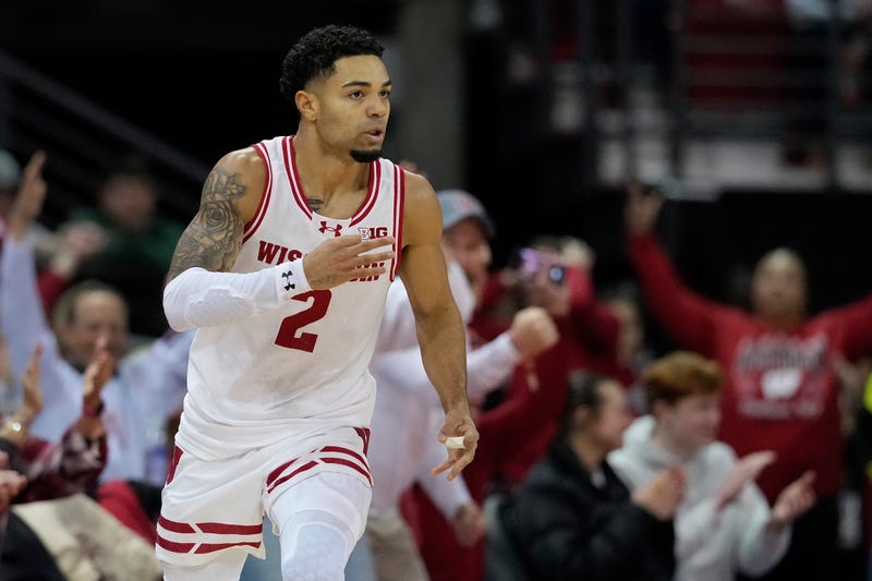 Nick Boyd #2 of the Wisconsin Badgers reacts after making a three-point shot during the first half against the Michigan State Spartans at Kohl Center on February 13, 2026 in Madison, Wisconsin