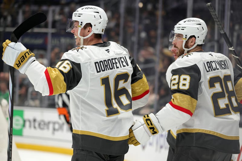 Pavel Dorofeyev #16 of the Vegas Golden Knights celebrates a goal with Tanner Laczynski #28 against the Los Angeles Kings in the first period at Crypto.com Arena on February 25, 2026 in Los Angeles, California. 