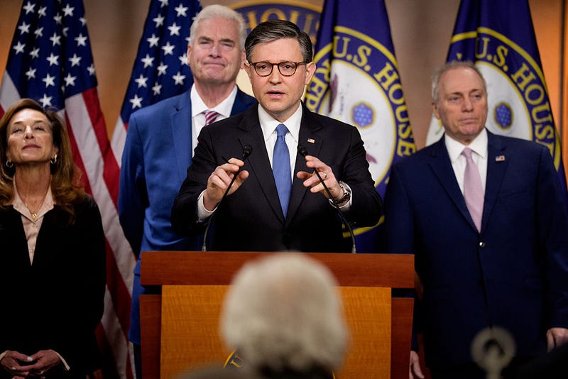 Speaker of the House Mike Johnson (R-LA) (C), accompanied by (L-R) House Republican Conference Chairwoman Lisa McClain (R-MI), House Majority Whip Tom Emmer (R-MN), and House Majority Leader Steve Scalise (R-LA), speaks during a news conference on Capitol Hill.