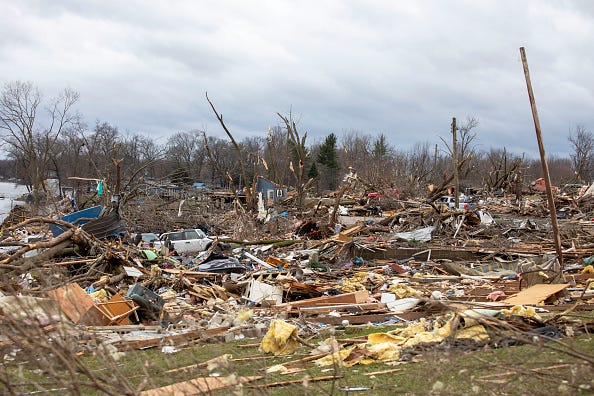 Damage and debris after a tornado hit Union City, Michigan.