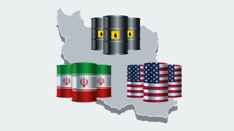 Oil barrels with Iranian and American flags on a map of Iran