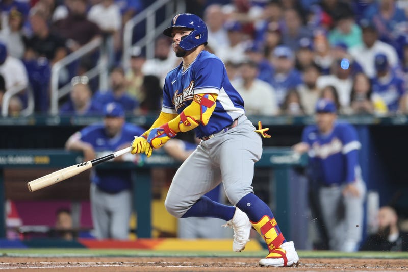 William Contreras #23 of the Venezuela grounds out during the second inning against Nicaragua at loanDepot park on March 09, 2026 in Miami, Florida.
