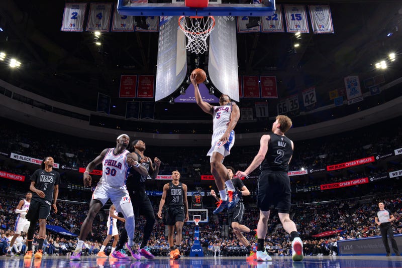 Quentin Grimes #5 of the Philadelphia 76ers drives to the basket during the game against the Brooklyn Nets on March 14, 2026 at the Wells Fargo Center