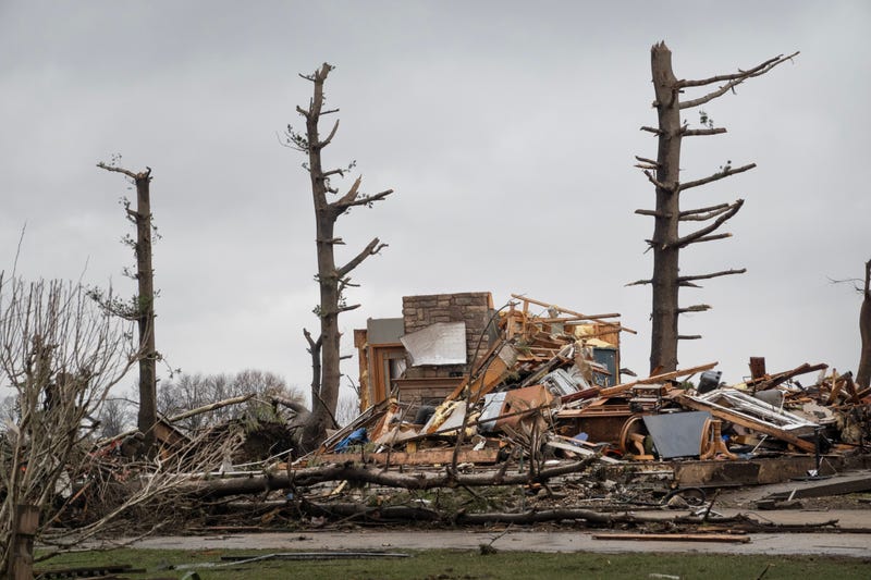 A home damaged by storms this week in Aroma Park, Illinois.