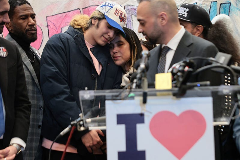 NYC High School student Dylan Lopez Contreras and his mother Raiza Contreras embrace during a press conference on his release at Middle Church on March 19, 2026 in New York City. 