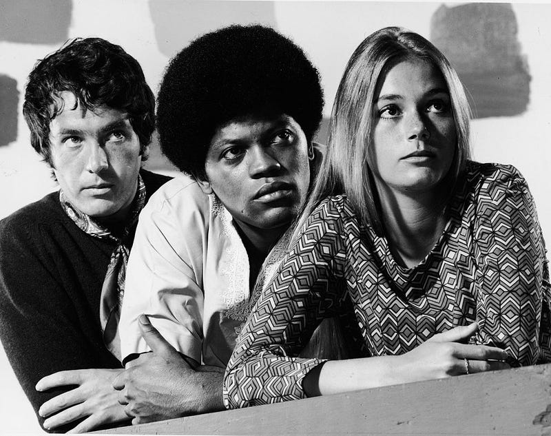 (L-to-R) Michael Cole, Clarence Williams III and Peggy Lipton in the television series, 'The Mod Squad,' 1968.