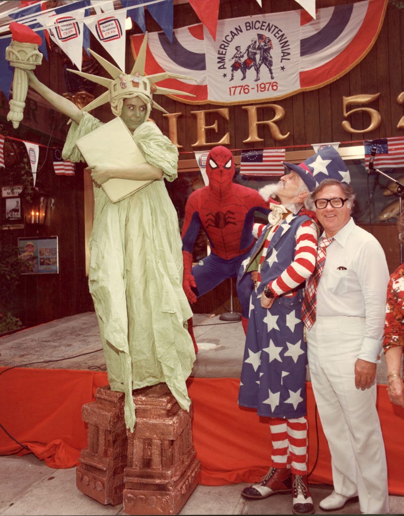 People in costume as the Statue of Liberty, Uncle Sam and Spiderman pose together during the American Bicentennial celebrations, July 1976. (Photo by Hulton Archive/Getty Images)