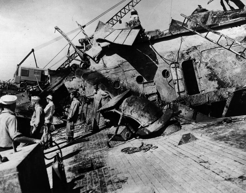 Salvage crew on the deck of the USS Oklahoma