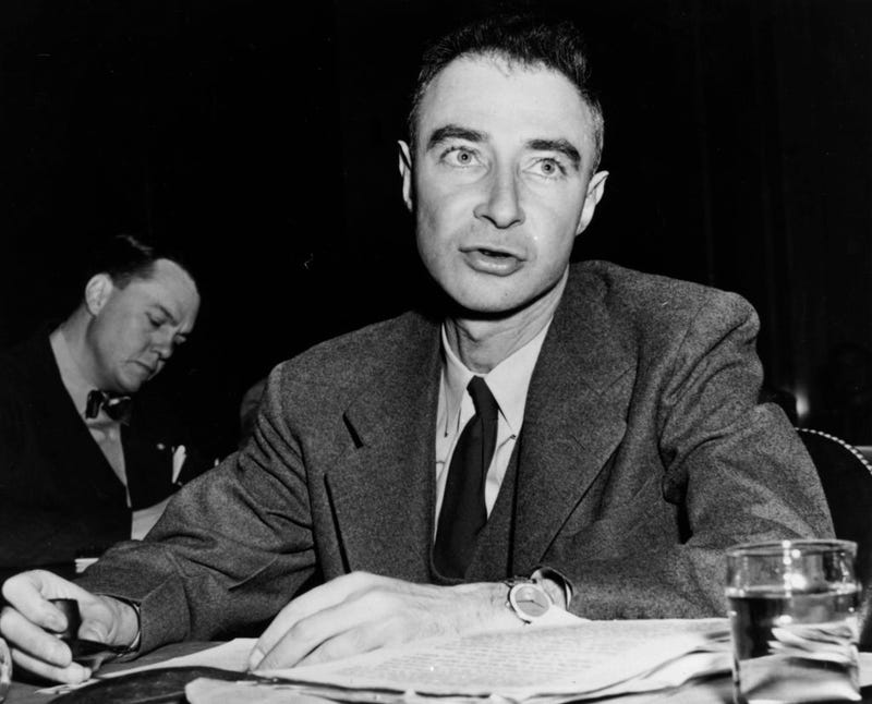 US nuclear physicist Julius Robert Oppenheimer (1904 - 1967), director of the Los Alamos atomic laboratory, testifying before the Special Senate Committee on Atomic Energy. 