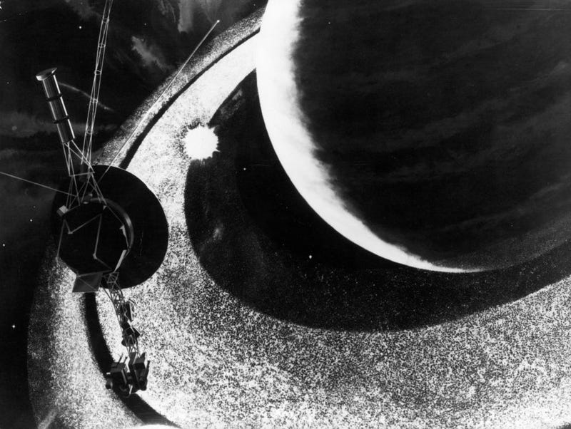 American space probe Voyager I passes the rings of Saturn on its journey to the outer reaches of the Solar System, November 1980. An artist's impression. 