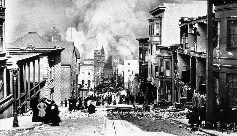 From a vantage point on Nob Hill, San Franciscans watch the approach of fires caused by that day’s earthquake, April 18th 1906.