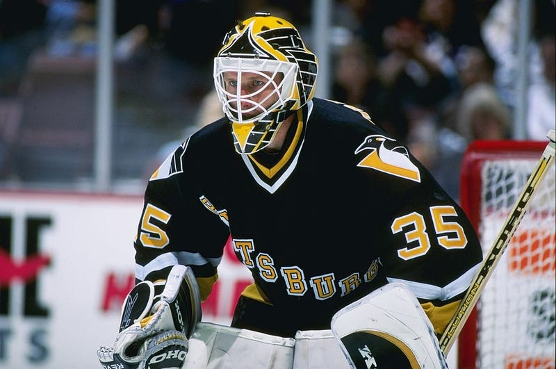  Goaltender Tom Barrasso of the Pittsburgh Penguins looks on during a game against the Anaheim Mighty Ducks at Arrowhead Pond