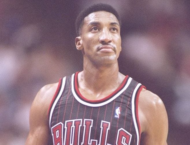 Scottie Pippen looks up during a game.