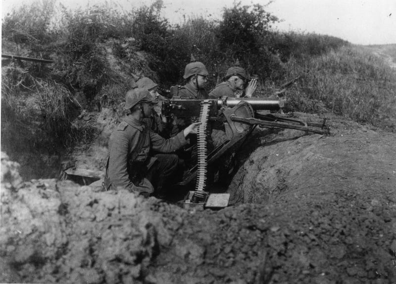 A German coastal machine gun section during World War I, using Maschinengewehr 08 (MG08) machine guns.