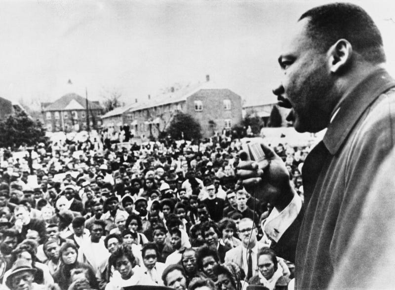 Dr Martin Luther King (1929 - 1968) addresses civil rights marchers in Selma, Alabama, April 1965.