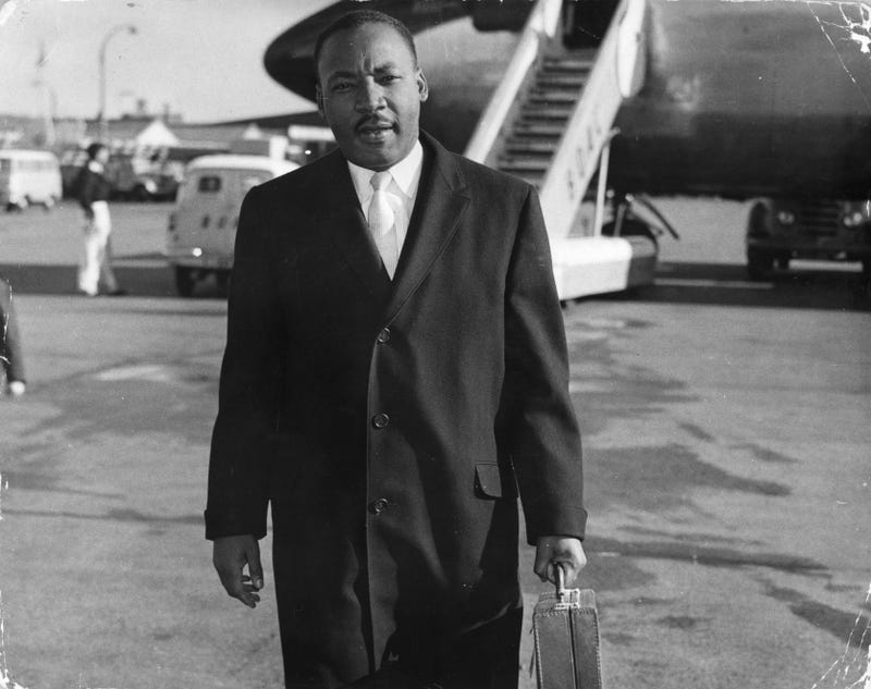 American civil rights campaigner Martin Luther King (1929 - 1968) arriving at London Airport.