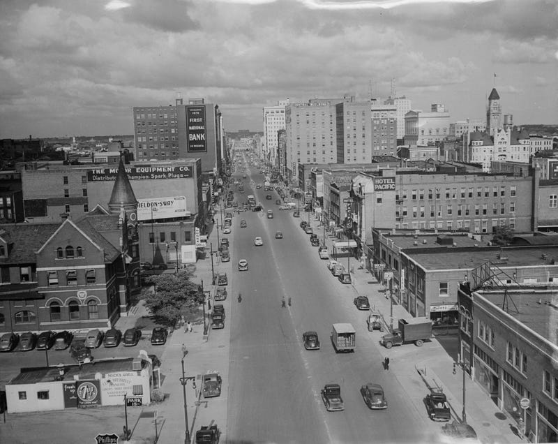August 1947: Douglas Avenue, the main street of the city of Wichita in Kansas. (Photo by Fox Photos/Getty Images)