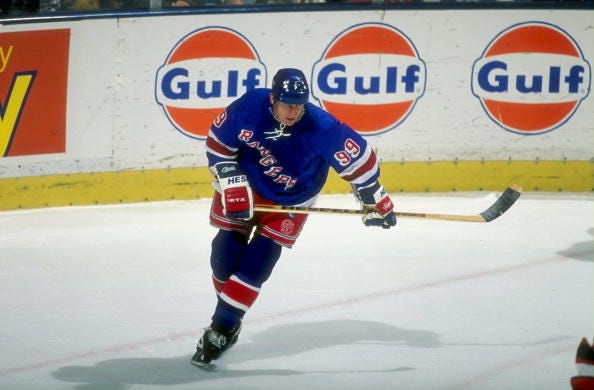 16 Dec 1997: Center Wayne Gretzky of the New York Rangers in action during a game against the New Jersey Devils at the Continental Airlines Arena in East Rutherford, New Jersey