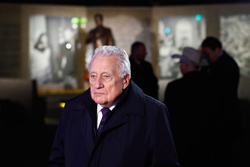 FORT WORTH, TX - NOVEMBER 22: Former U.S. Secret Service Agent Clint Hill, who was assigned to First Lady Jacqueline Kennedy and was in the presidential motorcade during the assassination of U.S. President Kennedy, talks to the media outside the JFK Tribute on November 22, 2013 in Fort Worth, Texas. People visited the JFK Tribute on the 50th anniversary of the assassination of U.S. President John F. Kennedy as he rode in a Presidential motorcade through Dealey Plaza in Dallas, Texas. (Photo by Tom Pennington/Getty Images)