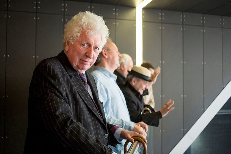 Actor Tom Baker waits with four other previous Doctors from the classic series at the 'Doctor Who 50th Celebration' event in the ExCeL centre on November 22, 2013 in London, 