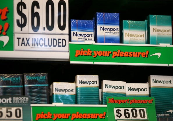 Packages of Newport cigarettes are displayed at a tobacco shop on July 11, 2014 in San Francisco, California.