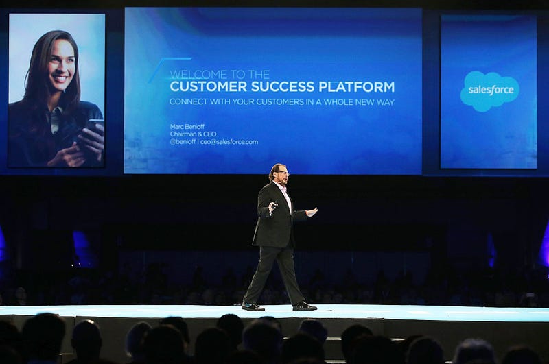  Salesforce CEO Marc Benioff delivers a keynote address during the 2014 DreamForce conference on October 14, 2014 in San Francisco, California. 
