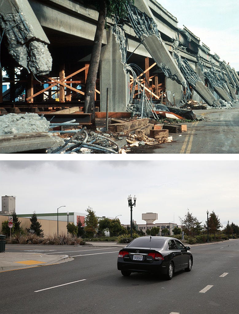  In this before-and-after composite image, (Top) The collapsed upper deck of the Cypress viaduct of Interstate 880 after the Loma Prieta earthquake on October 17, 1989 in Oakland, California. (Bottom) A car drives along Mandela Parkway where the Cypress viaduct of Interstate 880 used to stand on October 15, 2014 in Oakland, California. 