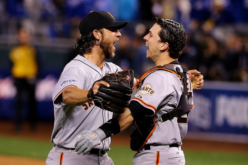 Madison Bumgarner and Buster Posey celebrate during the 2014 World Series