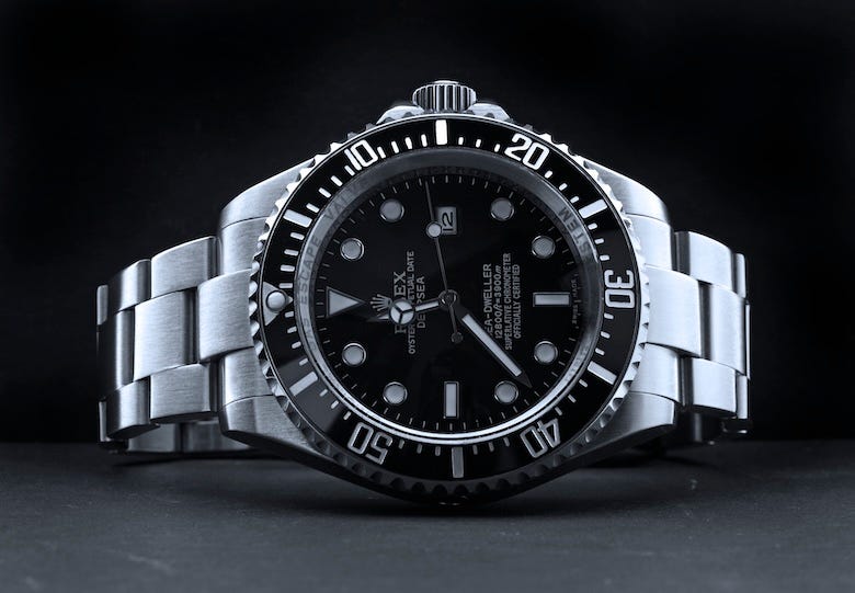 Studio shoot of ROLEX DEEPSEA wristwatch on black background