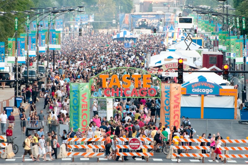 The entrance to the Taste of Chicago on the corner of Monroe and Columbus drive where patrons undergo a security check of bags by local police.