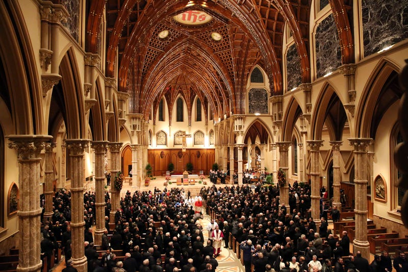 Bishop Blase Cupich walks out after his Rite of Reception service at Holy Name Cathedral on Nov. 17, 2014, in Chicago. The cathedral celebrated its 175th anniversary on Monday, Nov. 18, 2024.