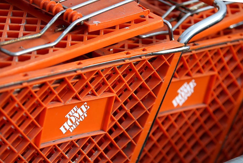 Shopping carts sit in front of a Home Depot store on November 18, 2014 in Daly City, California.