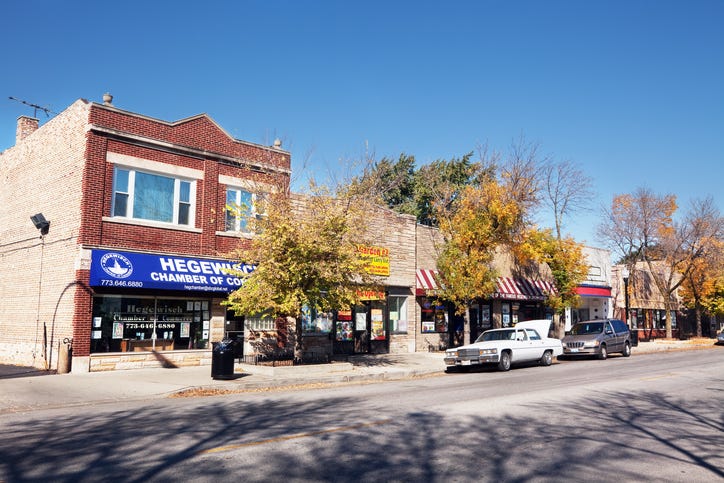 Baltimore Avenue, downtown Hegewisch, a Chicago community on the Far Southeast Side. Neighborhood shopping district in the Autumn. No people.