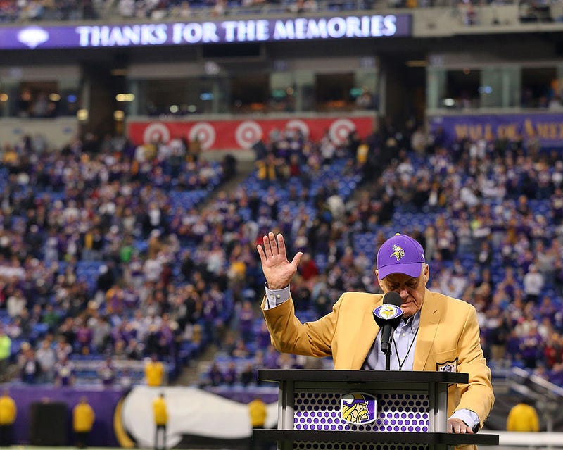 Former head coach Bud Grant speaks to the crowd during the ceremony celebrating the last game at the Metrodome on December 29, 2013 at Mall of America Field at the Hubert H. Humphrey Metrodome in Minneapolis, Minnesota. 