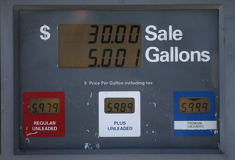FILE - Gas prices nearing $6.00 per gallon are displayed on a pump at Bridgeway Gas on March 3, 2015 in Sausalito, Calif.   