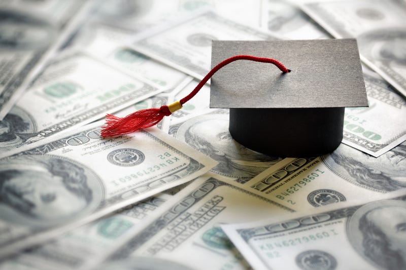 Graduation cap on one hundred dollar bills.