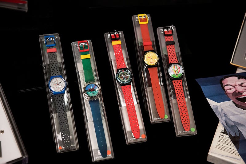 A set of prototype Swatch watches are displayed during the Sotheby's preview on March 10, 2015 in Hong Kong.