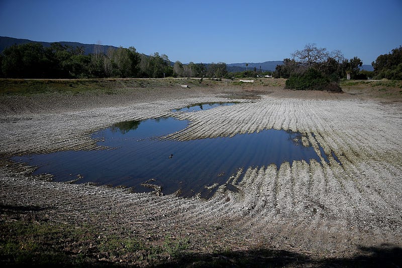 Low water levels are visible at the Los Capitancillos Recharge Ponds on April 3, 2015 in San Jose, California. 