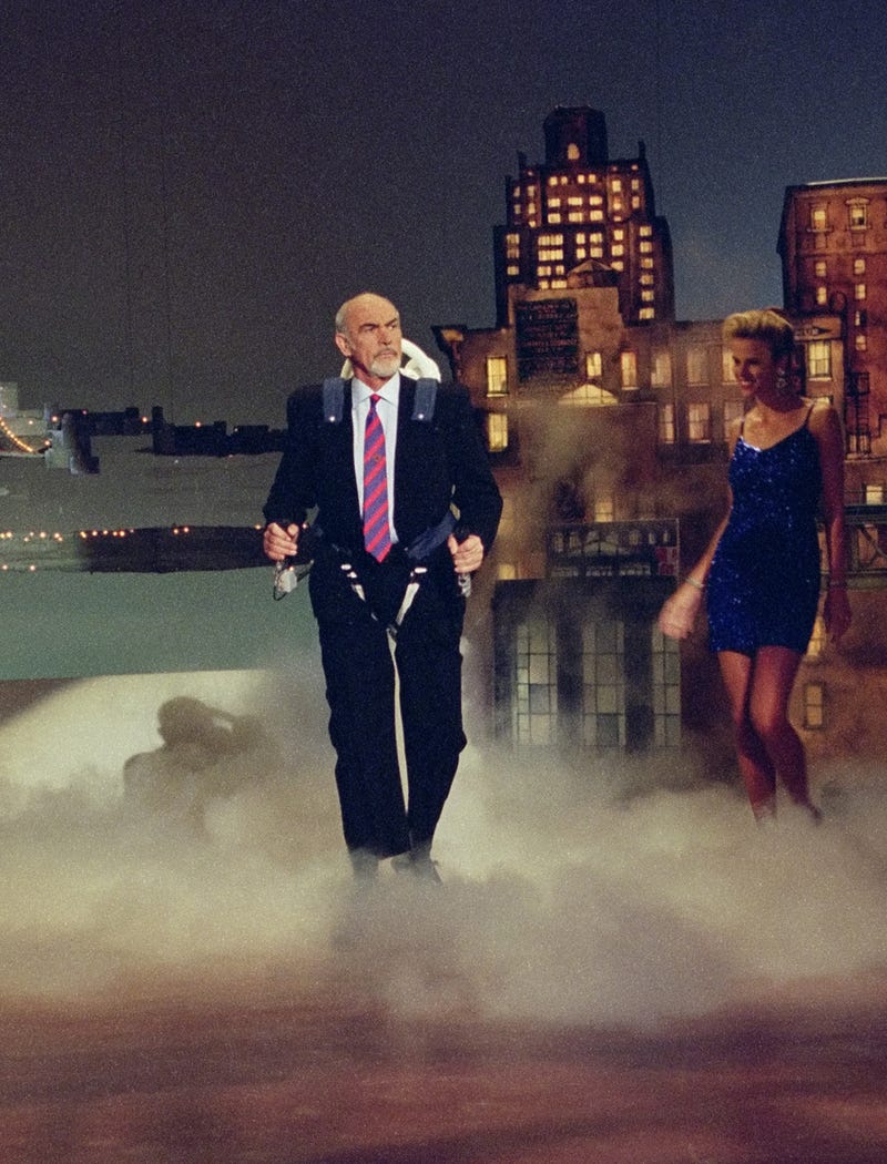 Sean Connery enters the stage via Jet Pack on the Late Show with David Letterman, October 25, 1993 on the CBS Television Network. This photo is provided by CBS from the Late Show with David Letterman photo archive. 