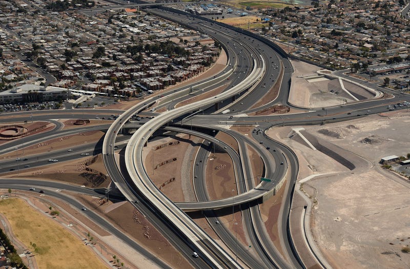 The interchange at U.S. 95 Route and Rainbow Boulevard known as the Rainbow Curve is seen in an aerial view on February 20, 2014 in Las Vegas, Nevada