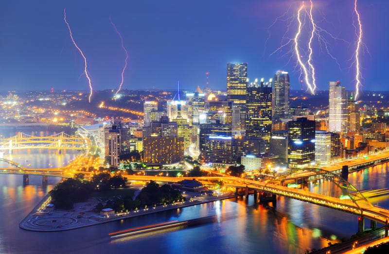 Lightning among skyscrapers in downtown PIttsburgh, Pennsylvania, USA