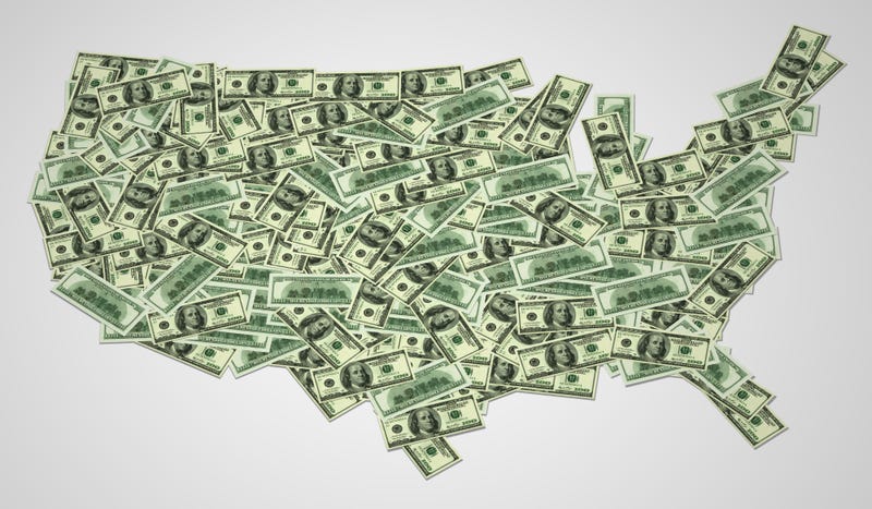 Map of the United States with notes of $ 100