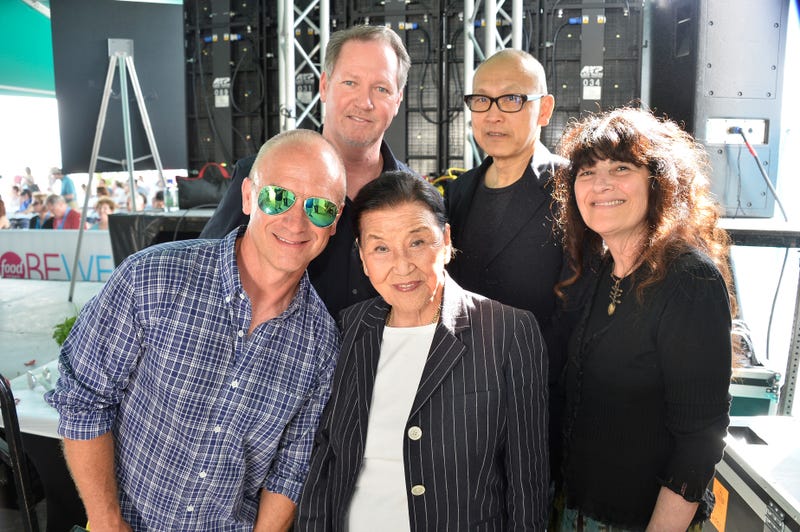 Devin Padgett, restaurateur and chef Cecilia Chiang, filmmaker Wayne Wang and food writer Ruth Reichl attend KitchenAid® Culinary Demonstrations during the Food Network South Beach Wine & Food Festival at Grand Tasting Village on February 23, 2014 in Miami Beach, Florida.