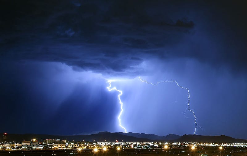 Lightning strikes during a thunderstorm on July 6, 2015 in Las Vegas, Nevada. 