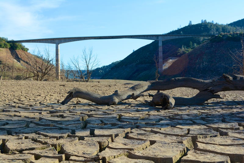 California Drought - Under New Melones Bridge on Dry Lakebed - stock photo