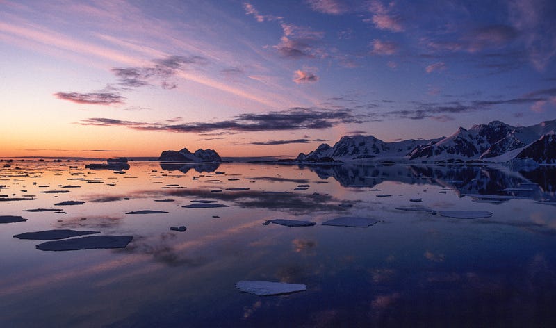 Marguerite Bay, Antarctic Peninsula, near the location of Eric Bourne and Stephen Carpenter's wedding on Adelaide Island in April 2022.