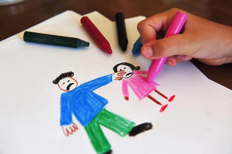 child's drawing of man hitting girl